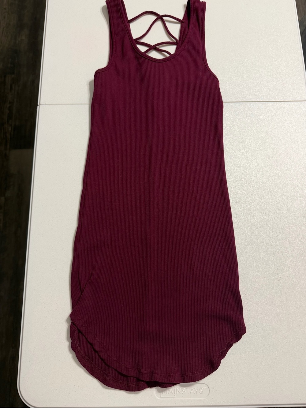 Burgundy ribbed knit mini dress with criss-cross back detail, size L/T-0045
